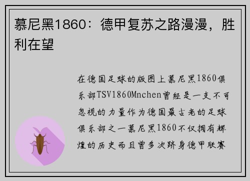 慕尼黑1860：德甲复苏之路漫漫，胜利在望