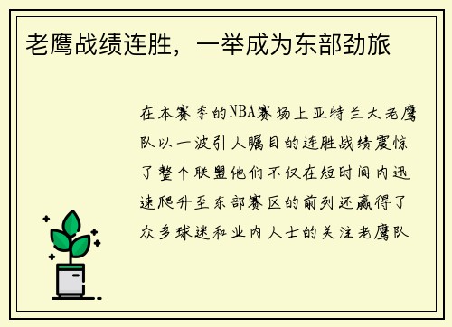 老鹰战绩连胜，一举成为东部劲旅