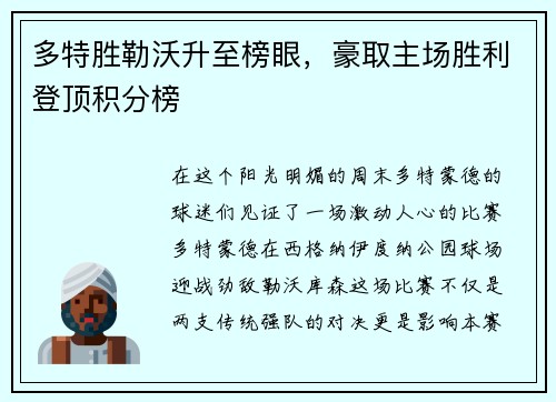 多特胜勒沃升至榜眼，豪取主场胜利登顶积分榜